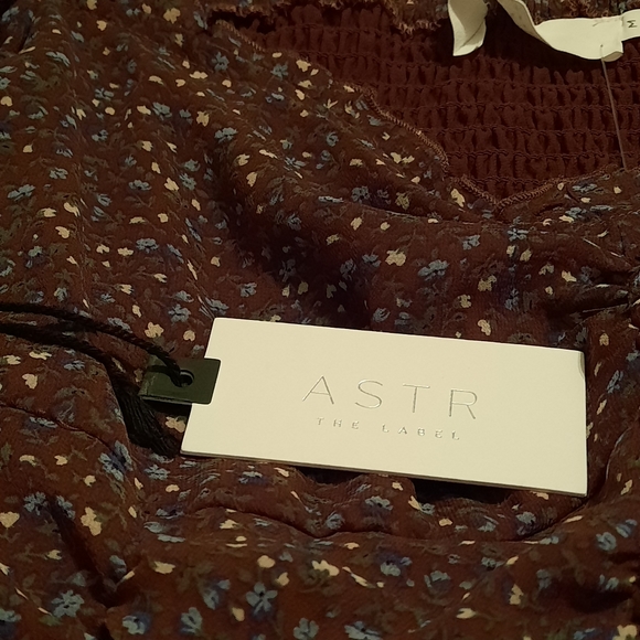 Astr The Label Top Womens Medium Brown Blue Puff Sleeve Smocked Blouse - Picture 6 of 10